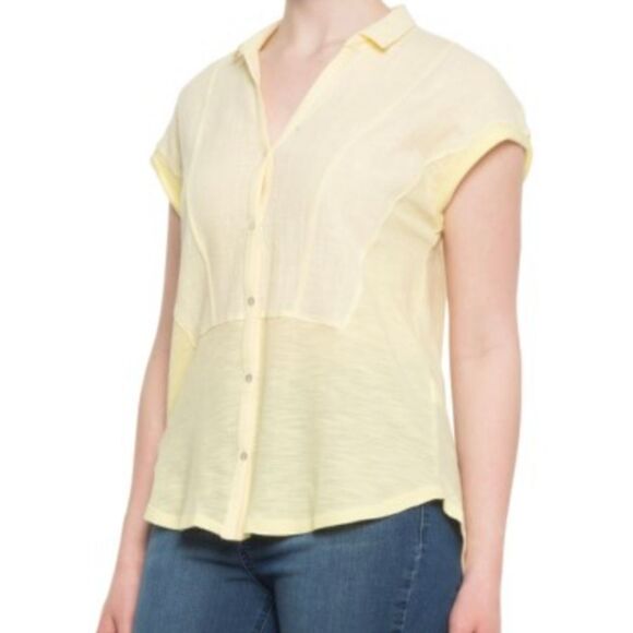 NEW Lucky Brand Woven Gauze Mixed Shirt  Short Sleeve lemon yellow small @i - Picture 2 of 15